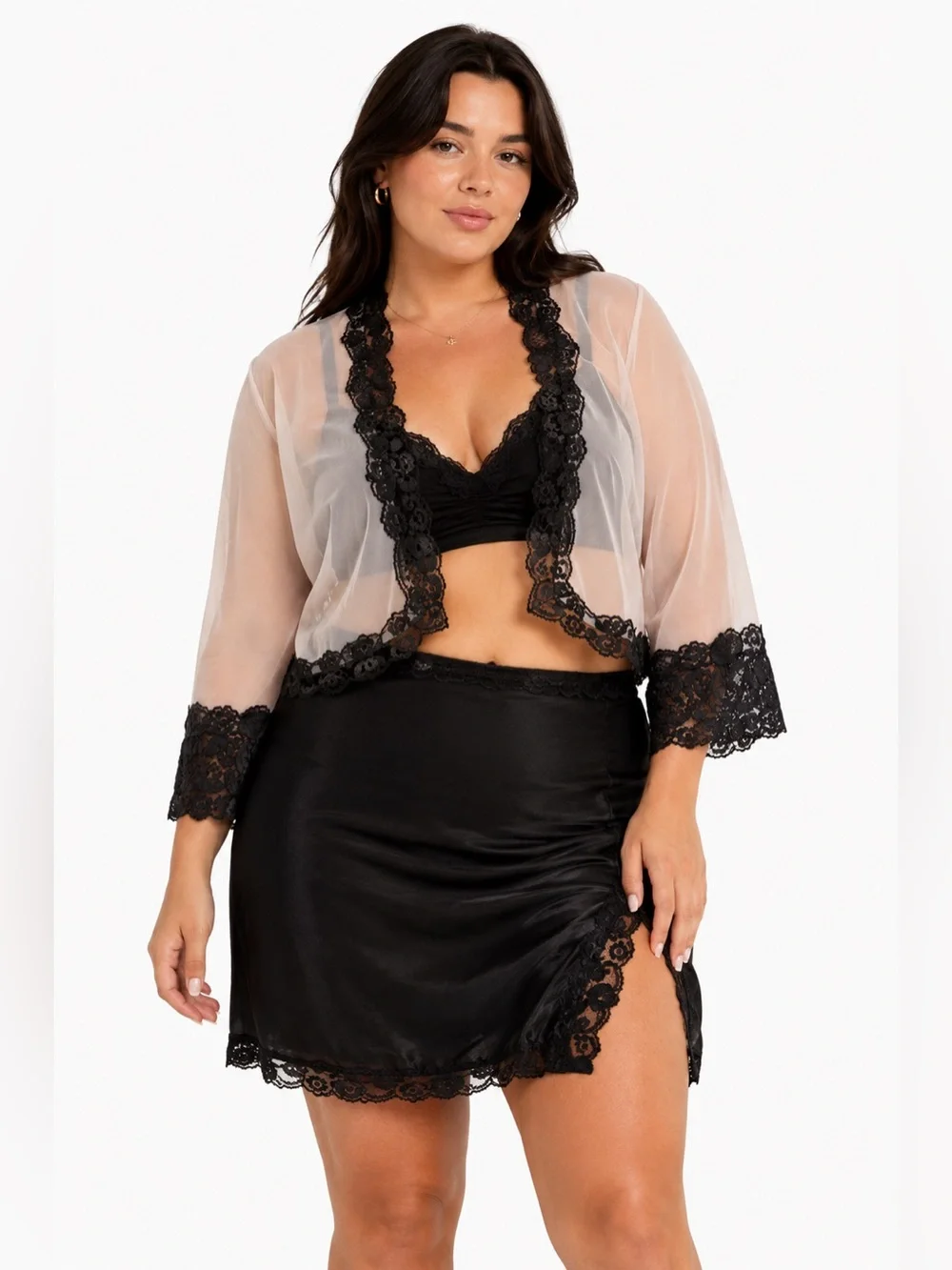 90s European Vintage Sheer Mesh Lace Cropped Lingerie Cardigan (Pink/Black) XL
